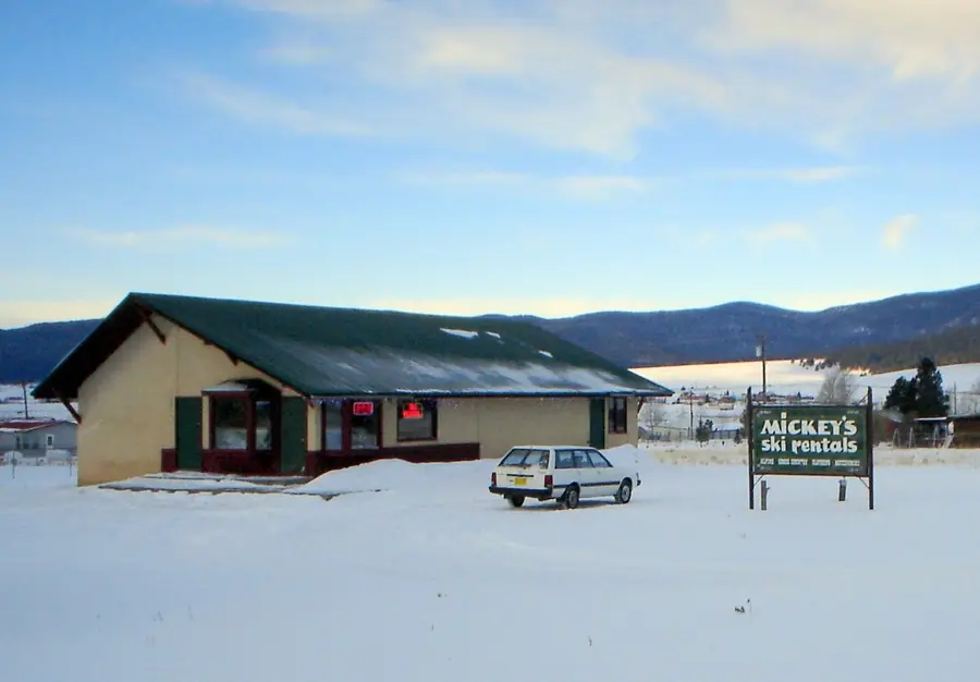 Mickey's Ski Rentals building in the snow on Hwy 64
